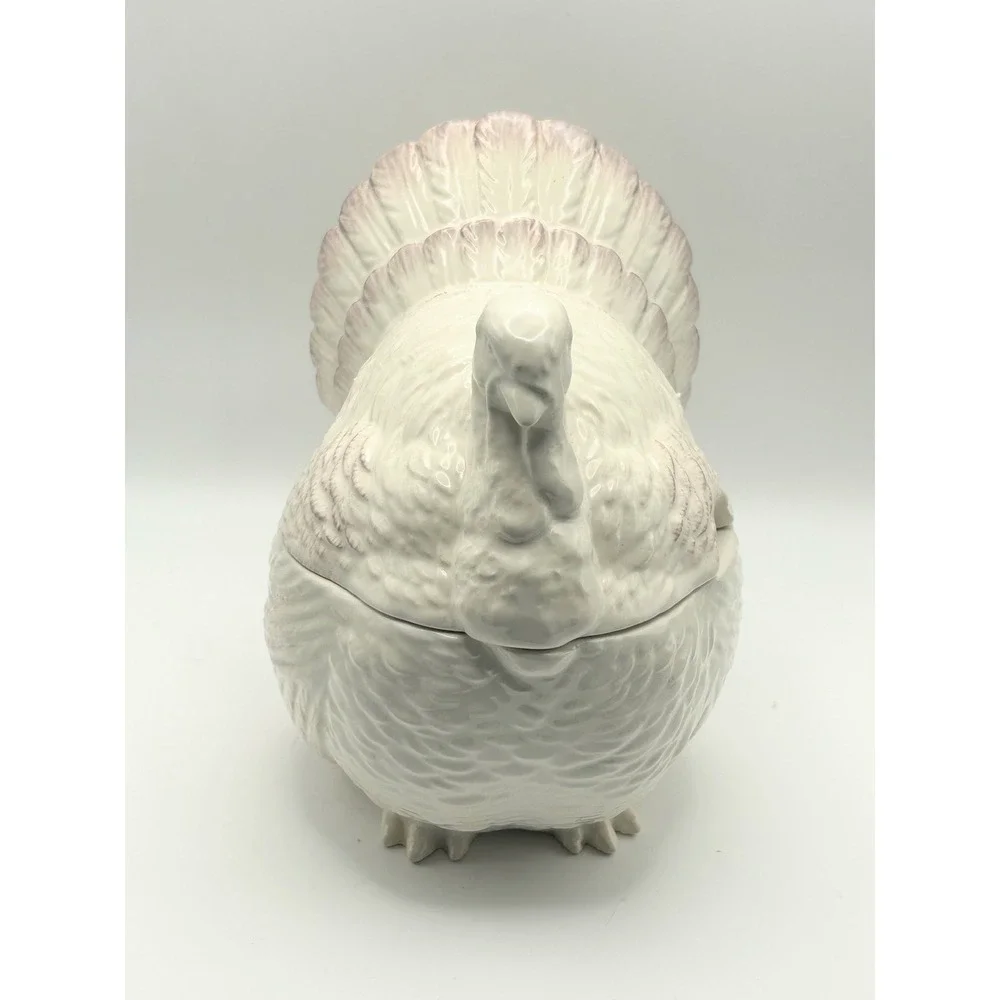 Ceramic Turkey Gravy Boat Lidded Tureen White with Purple Accents Thanksgiving
